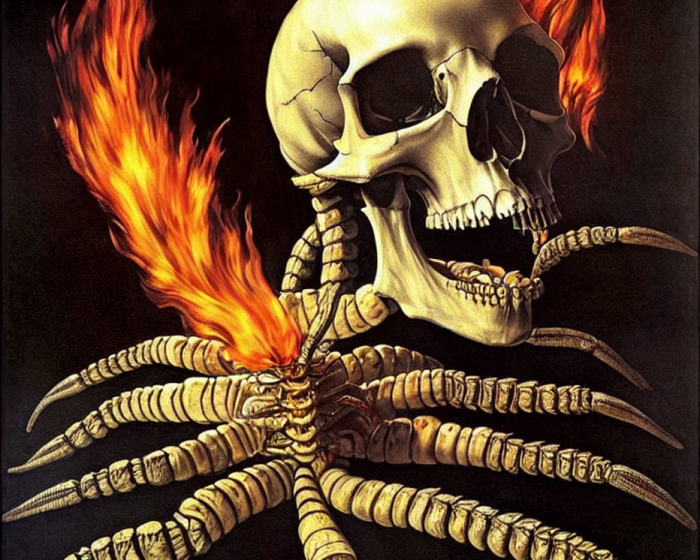 Skull on Spine with Rib-like Appendages in Flames