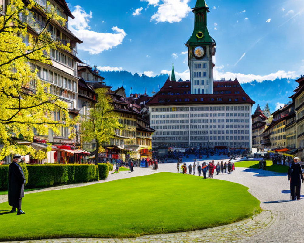 Town square with clock tower, traditional buildings, and mountain backdrop.