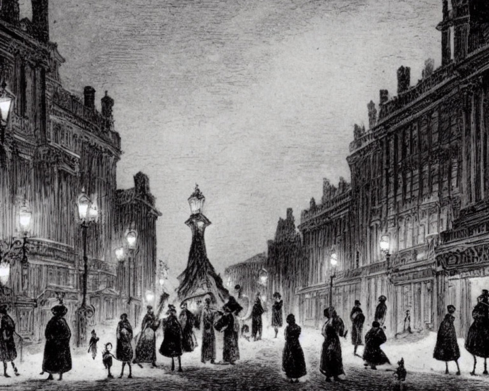 Vintage black and white etching of bustling night street with gas lamps and people in period attire.