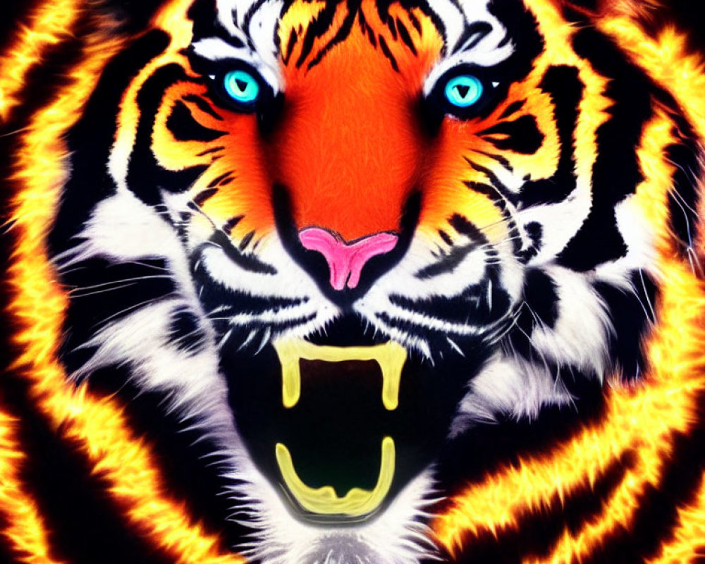 Colorful Tiger Face Artwork with Bright Orange and Blue Eyes