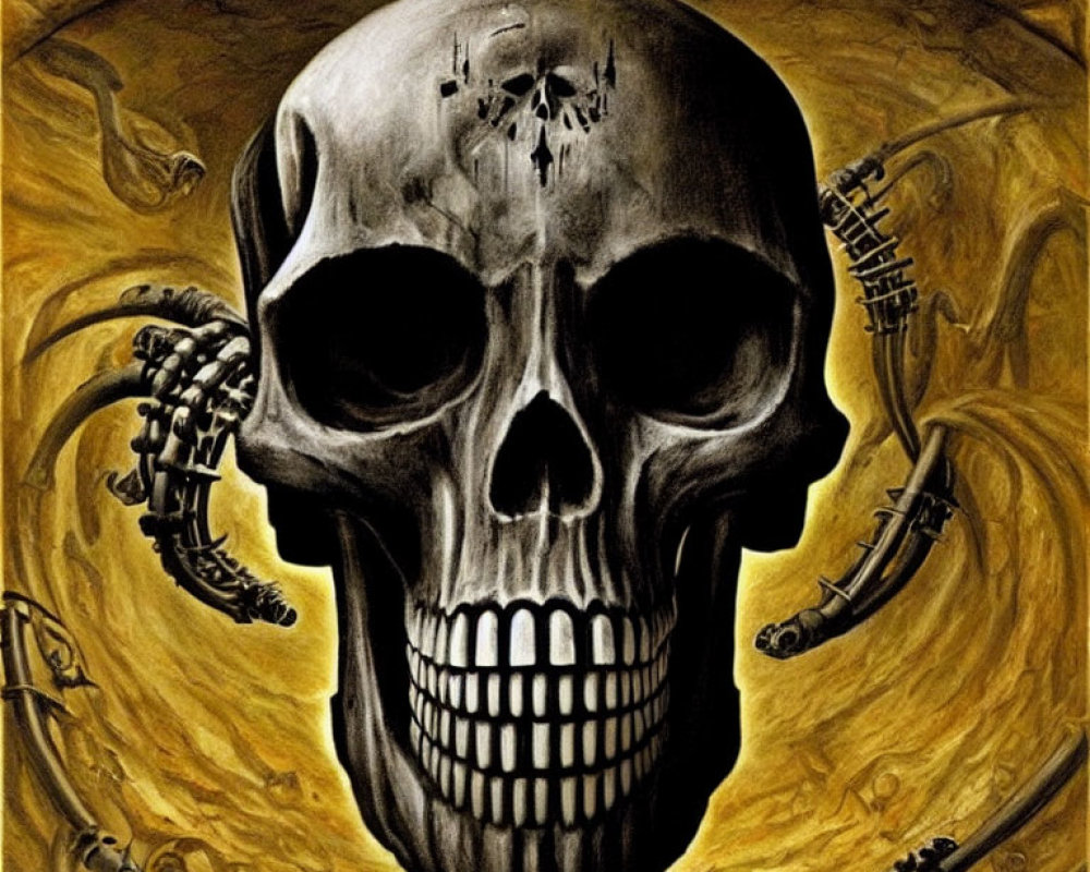 Surreal human skull with eerie yellow glow and abstract designs