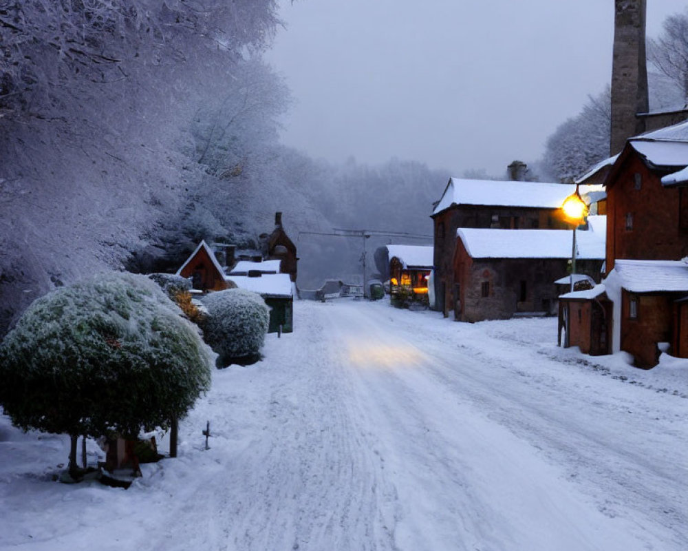 Twilight snow-covered village street with frosty trees & warmly-lit buildings