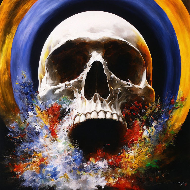 Colorful skull painting with swirling rings and splatters