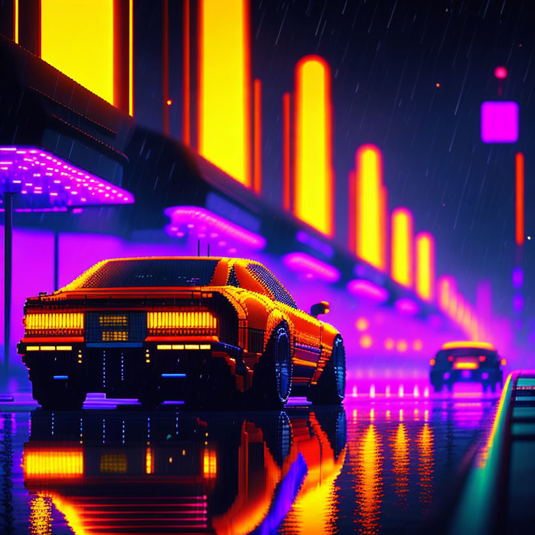 Retro-futuristic car in neon-lit cyberpunk cityscape