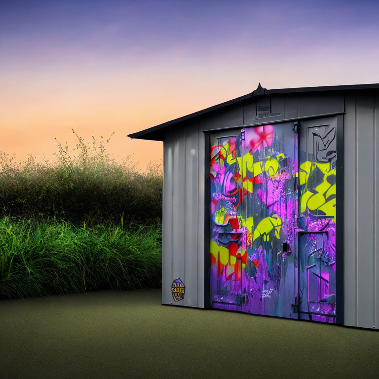 Colorful graffiti on doors of storage shed against twilight sky and lush greenery