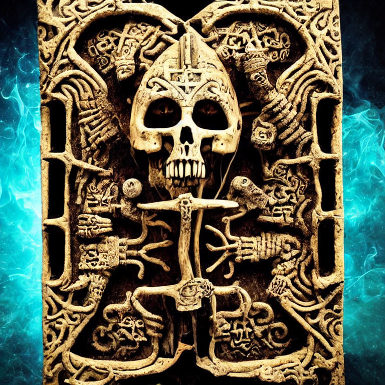 Ancient symbols and skull motif on intricately carved stone slab