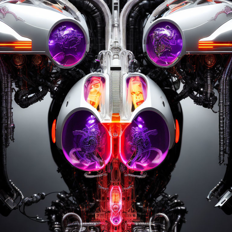 Symmetrical futuristic mechanical design with metallic and glowing purple-orange elements