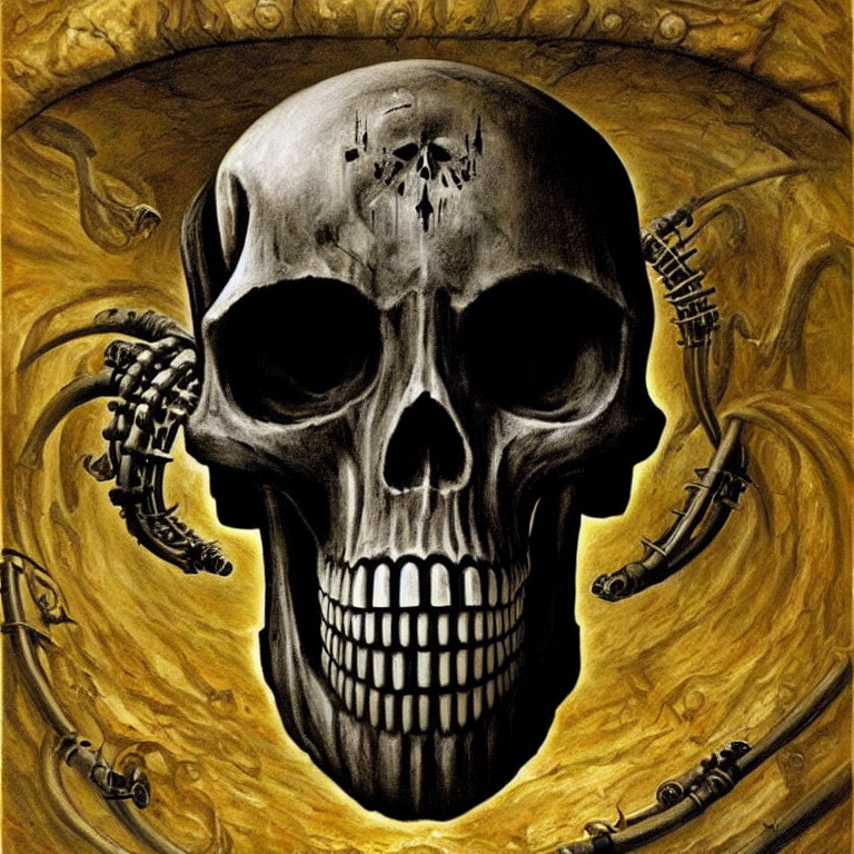 Surreal human skull with eerie yellow glow and abstract designs