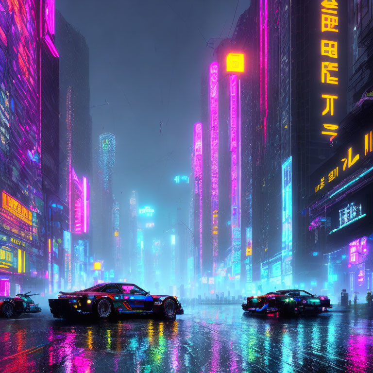 Vibrant neon-lit cityscape with futuristic cars in rainy night scene