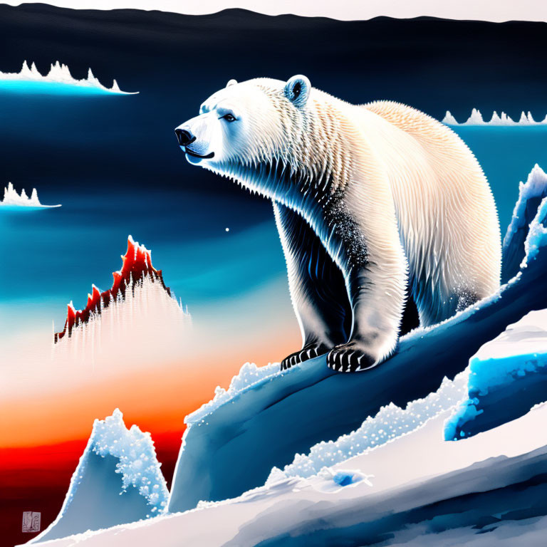 Polar bear on snowy ridge with ice formations and colorful sky