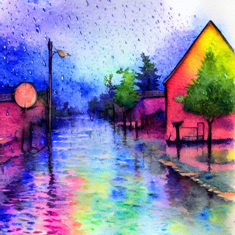 Vibrant watercolor painting of rainy street scene at dusk