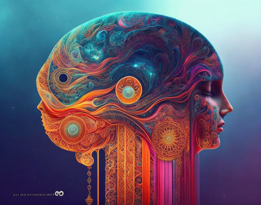 Colorful digital artwork: Intricate human head profile with psychedelic patterns.