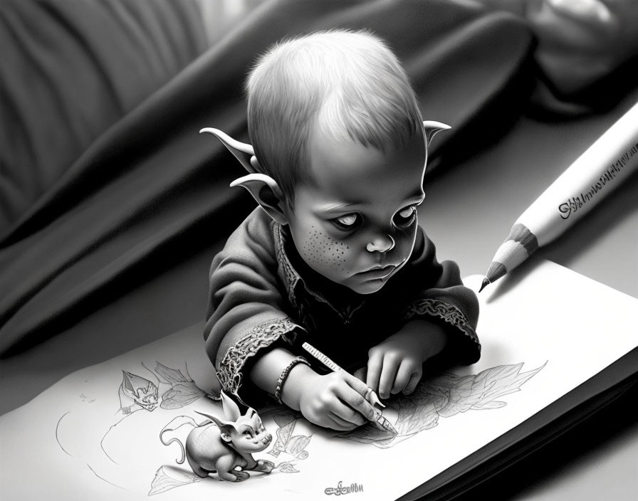 Monochrome baby with elf-like ears and dragon-like creature illustration.