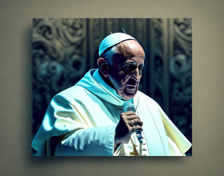 Papal attire man with microphone speaking against decorative backdrop