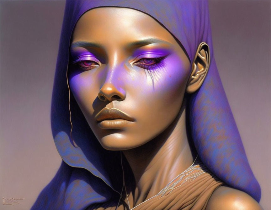 Digital Artwork: Woman with Purple Eye Makeup and Headscarf