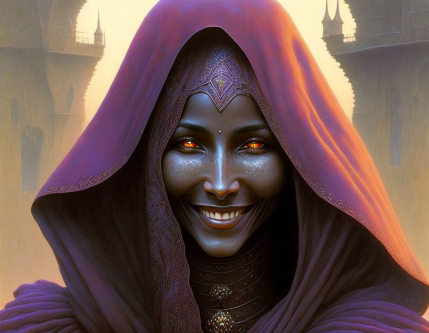 Smiling woman in purple hooded attire with glowing eyes