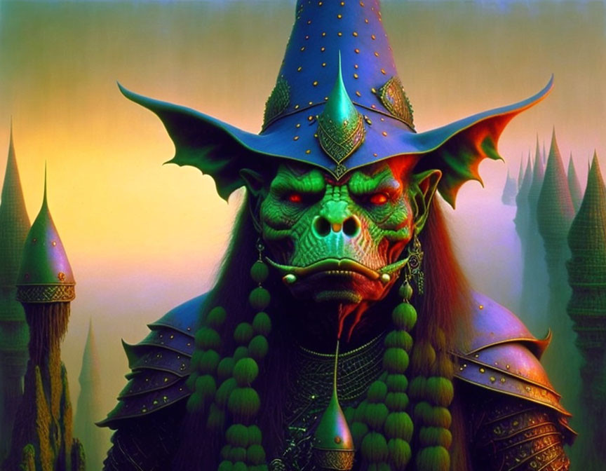 Fantasy illustration of green-skinned orc in spiked helmet and armor against spires.