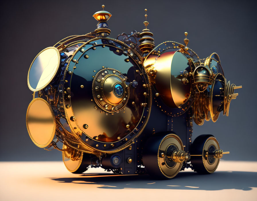 Steampunk-inspired 3D-rendered submarine with intricate metallic details