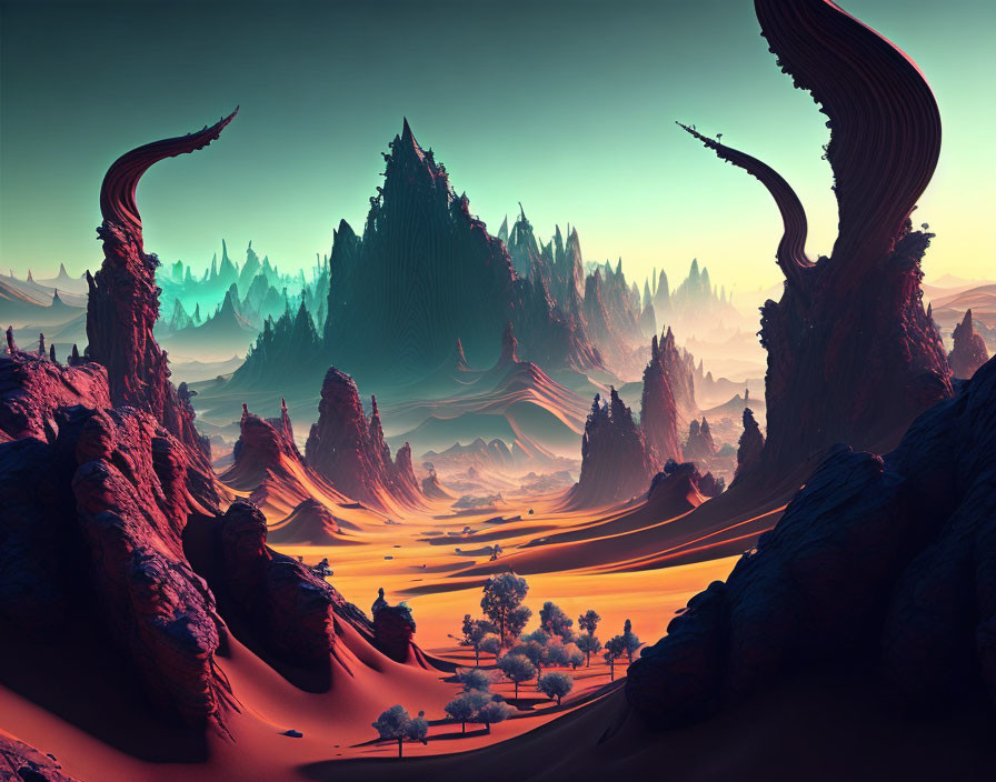 Surreal landscape with towering spires, undulating dunes, and gradient sky