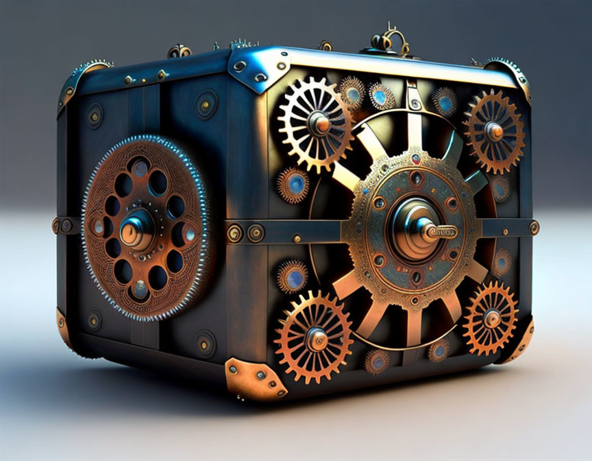 Steampunk-style suitcase with bronze and dark blue gears and cogs