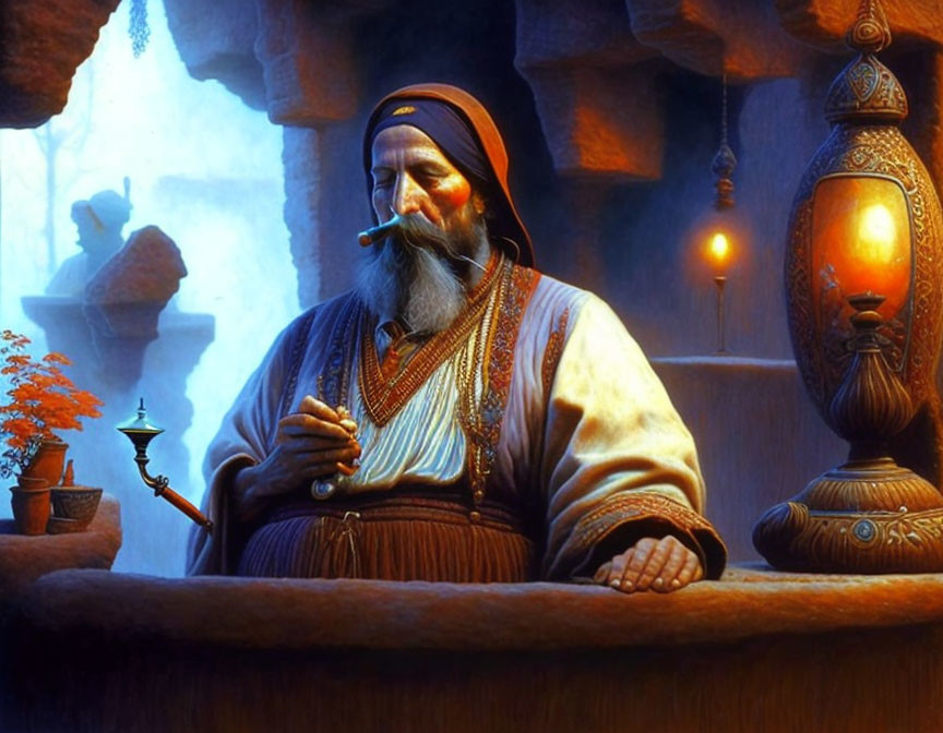 Bearded man in traditional attire smoking pipe by candlelight