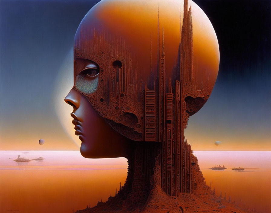 Surrealist humanoid face with mechanical half in orange seascape.