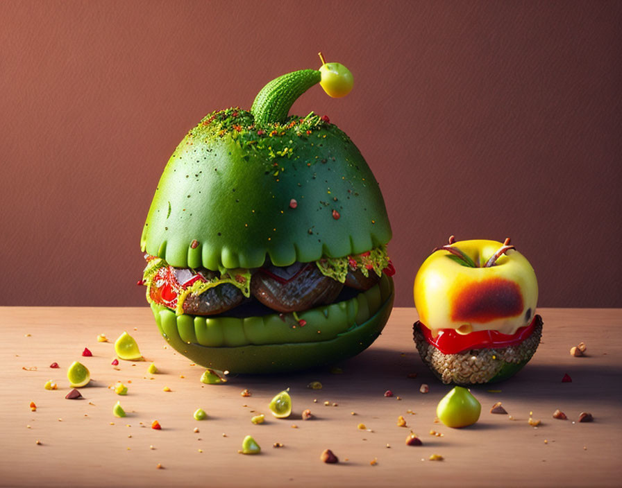 Burger and apple transformed into Venus flytraps on wooden surface