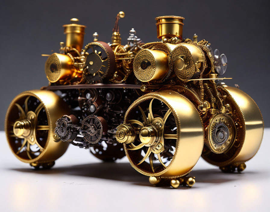 Detailed Gold Steampunk Machine on Grey Background