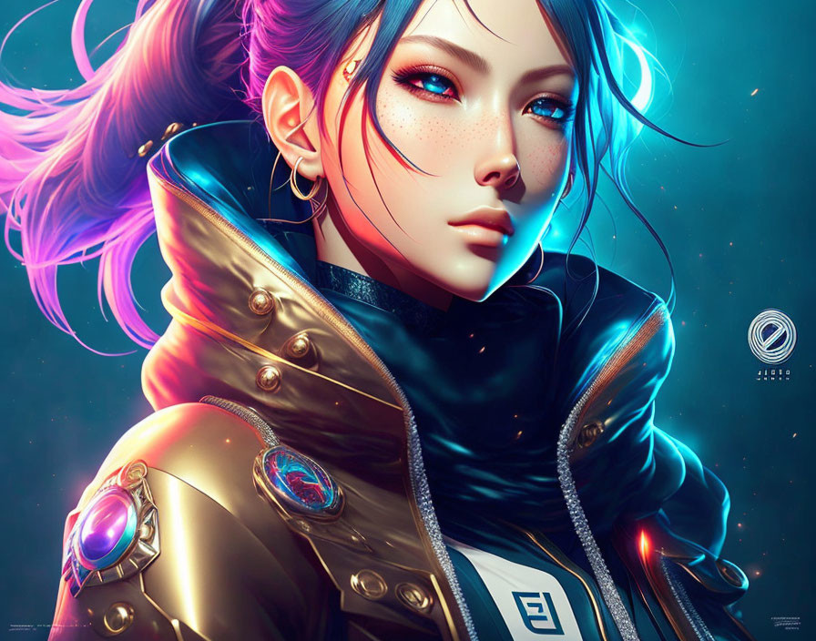 Digital Artwork: Woman with Purple Hair and Futuristic Jacket