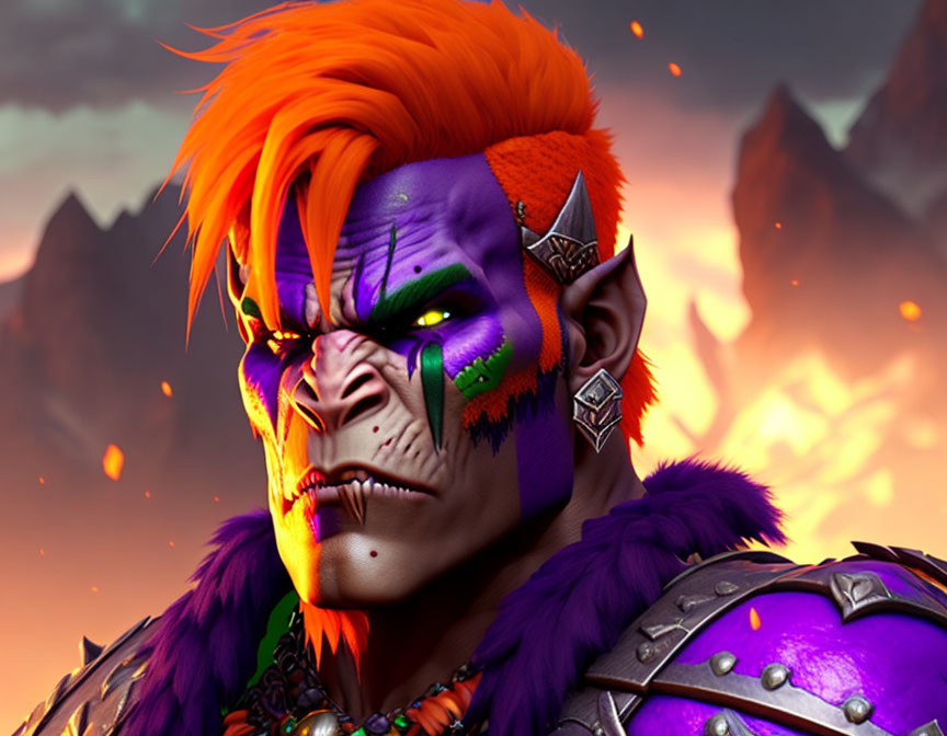 Vibrant digital artwork of an orc with orange hair and purple skin