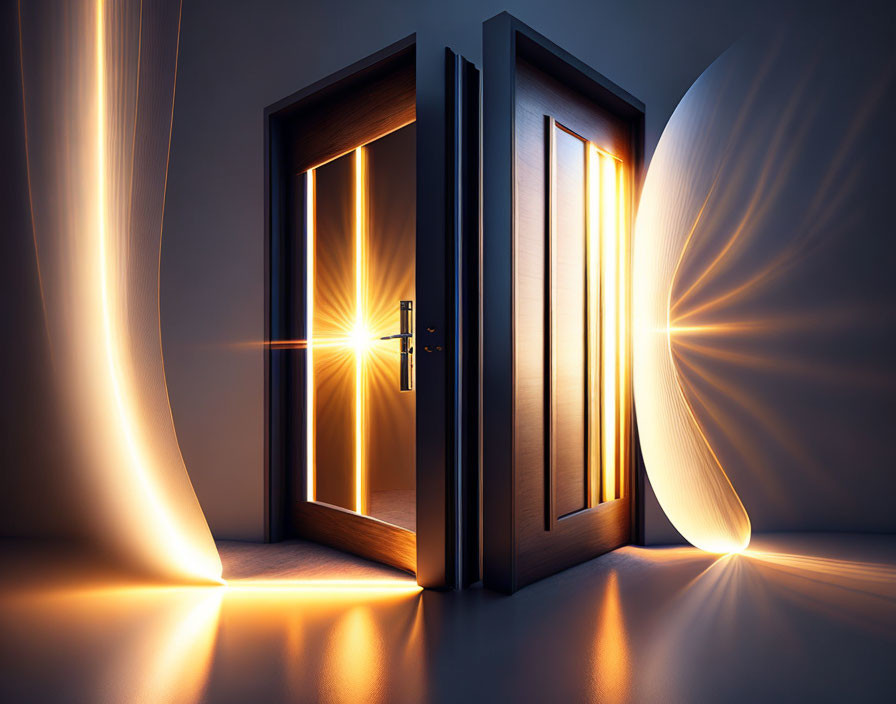 Bright warm light shines from open door