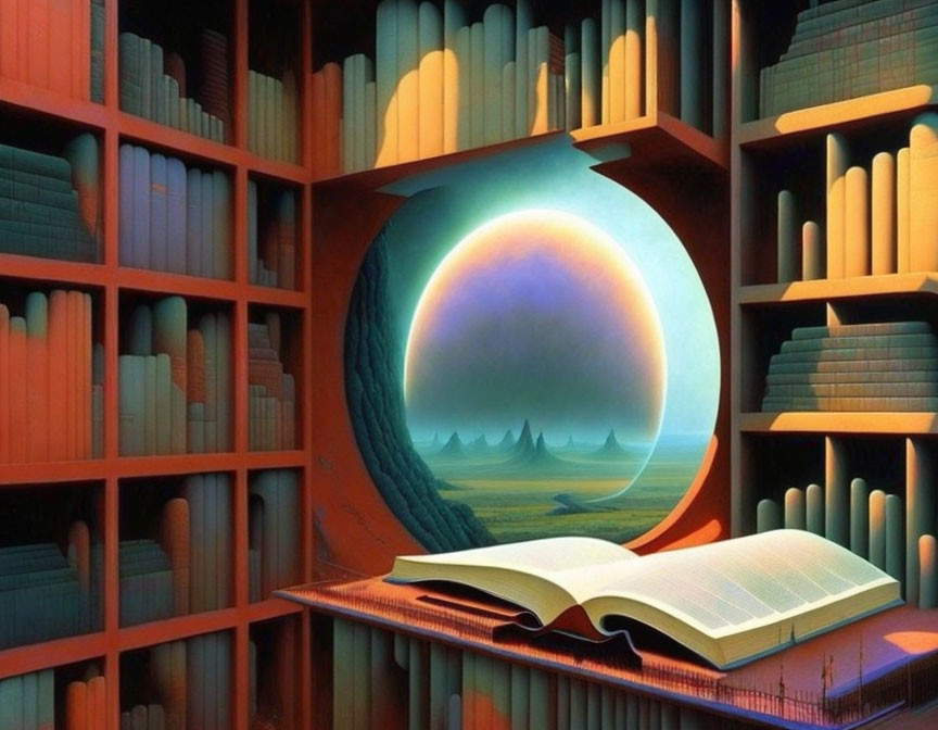 Surreal landscape portal emerges from open book on shelf