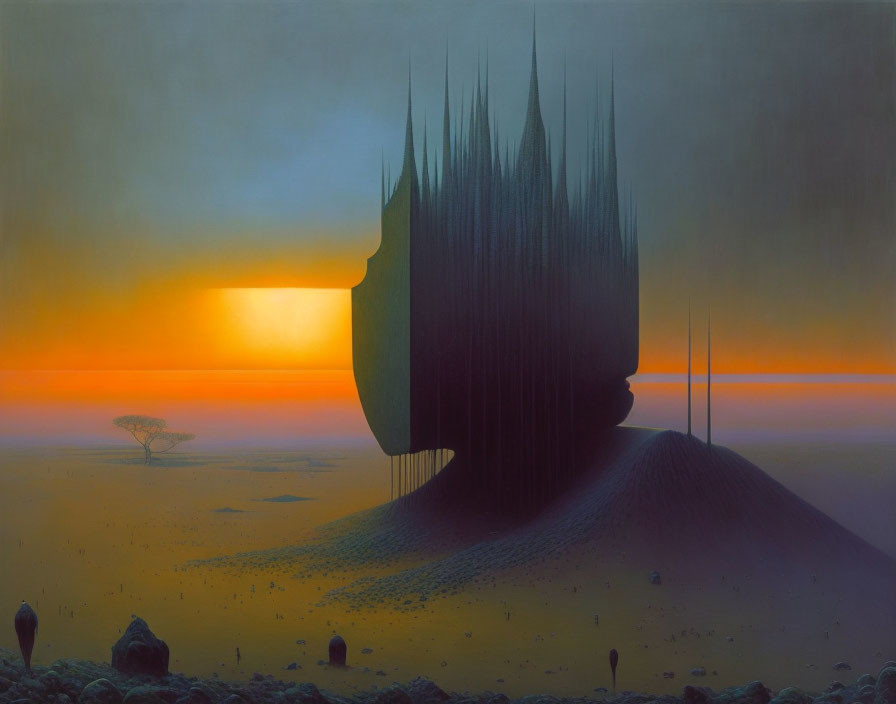 Surreal landscape with spiky monolithic structure and odd-shaped formations