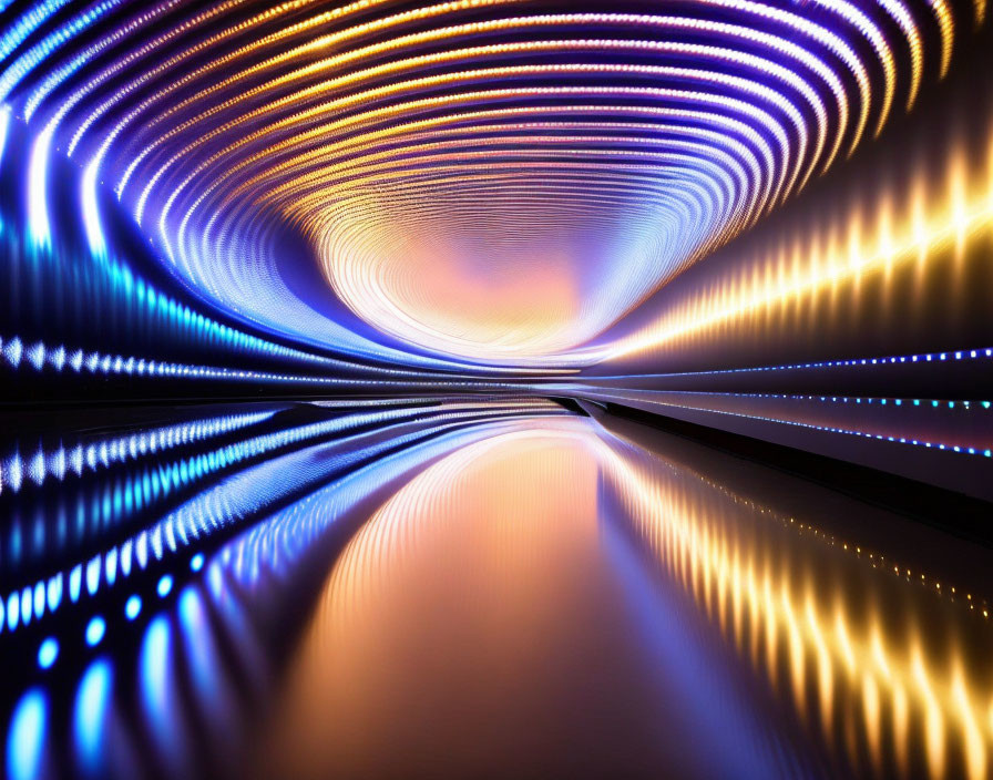 Colorful LED-lit tunnel with reflective surface