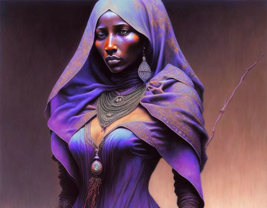 Elegant woman in purple garment and silver jewelry exudes mystery