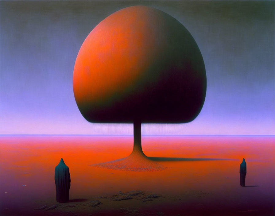 Surreal landscape with oversized mushroom-like structure and gradient sky.