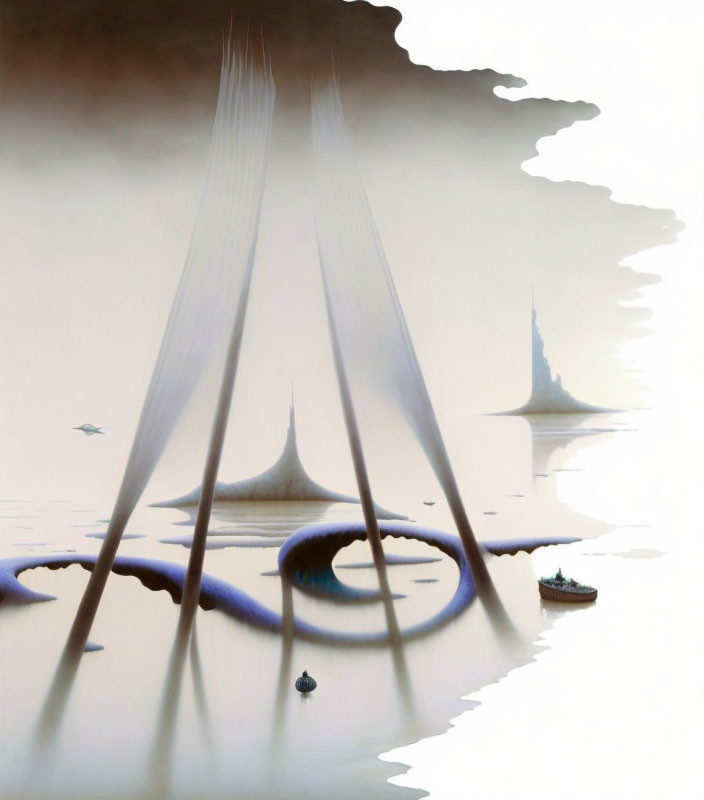 Mystical landscape: elongated spires, fog, serpentine shapes, boats drifting