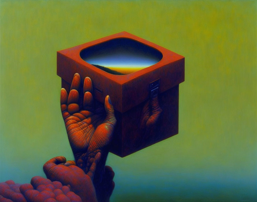 Surreal painting of hands holding cube with landscape inside