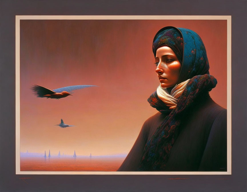 Portrait of woman in headscarf gazing under dusky sky with birds and tree silhouettes