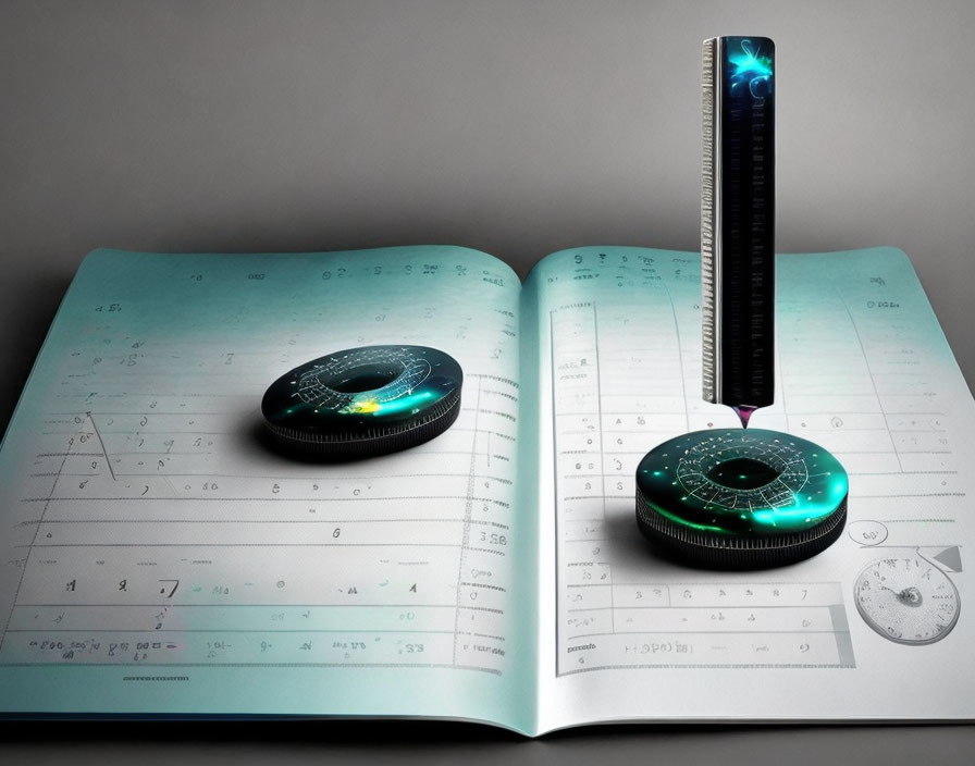 Scientific diagrams in open book with holographic devices on desk