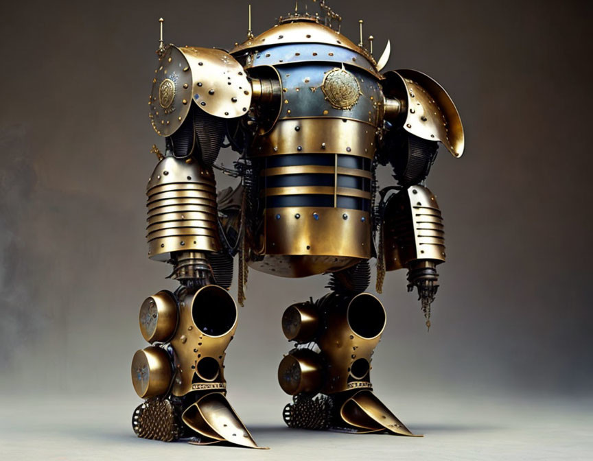 Steampunk-style robot with knight-like armor on neutral background