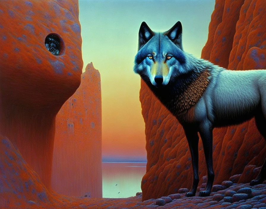 Wolf in surreal landscape with rocky cliffs, water backdrop, and planet in the sky