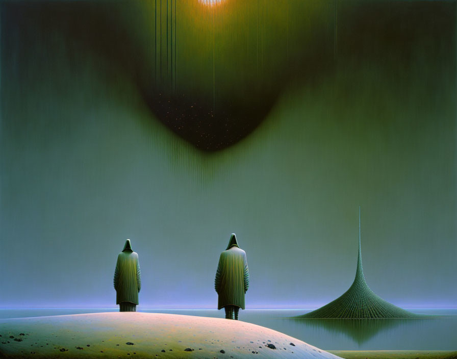 Cloaked figures on alien landscape under starry sky.