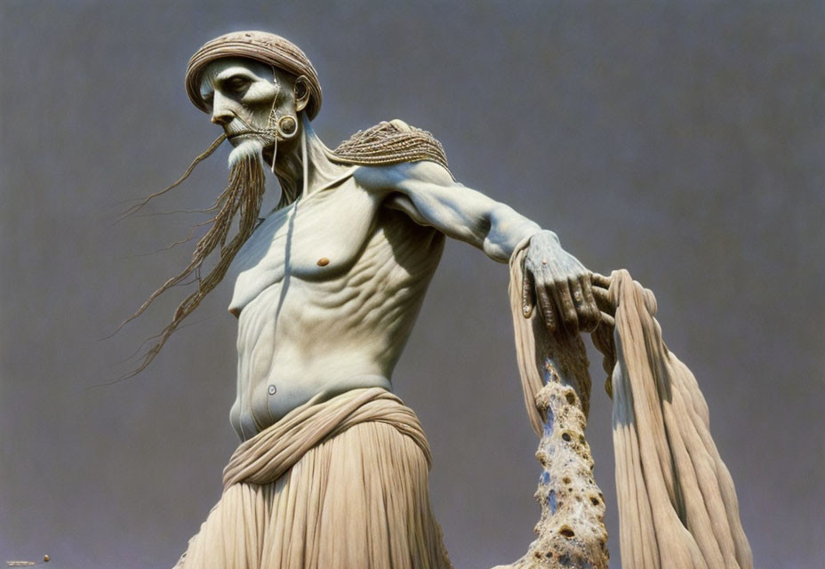 Hyperrealistic Sculpture of Emaciated Elderly Male with Dreadlocks