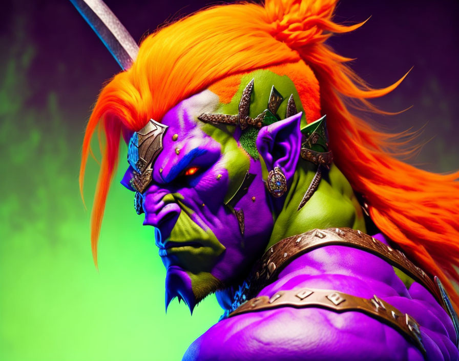 Fantasy art: Green-skinned orc with orange hair and spiked ears on greenish-purple background