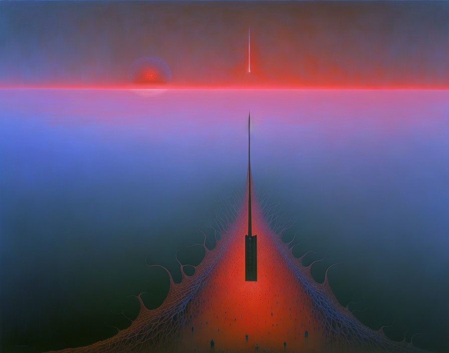 Surreal painting: spire-like structure with tendrils, misty horizon, gradient sky.