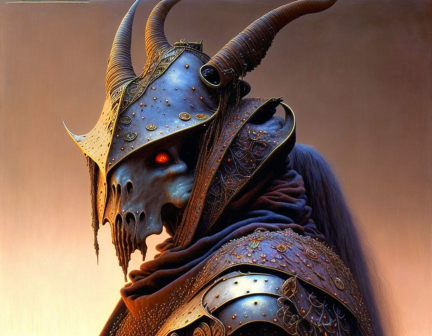 Fantasy warrior in ornate horned helmet and detailed metal armor on muted backdrop