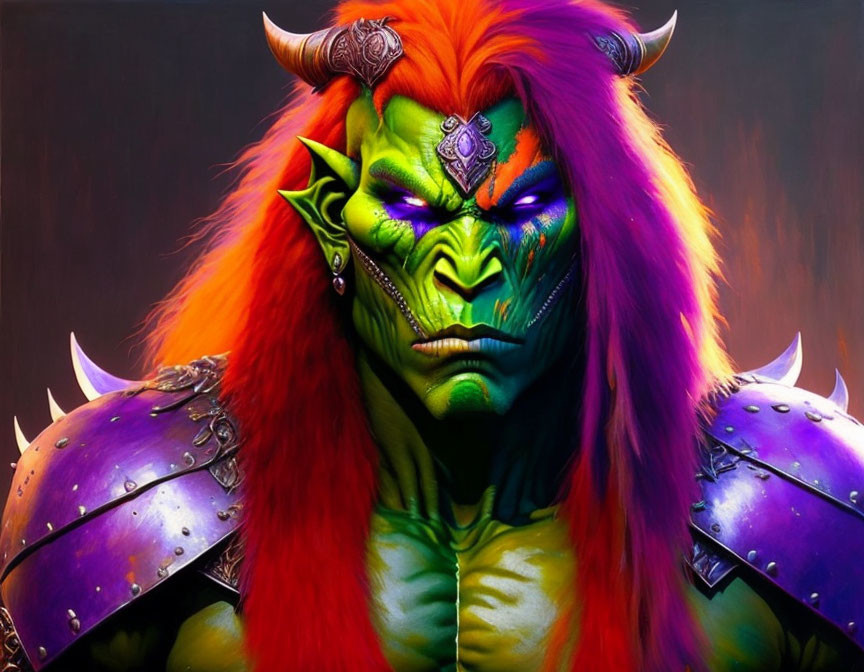 Fantasy creature face paint with green skin, red hair, horns, and purple armor