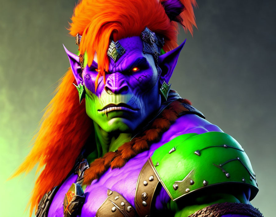 Green-skinned orc with orange hair and facial piercings in armor.