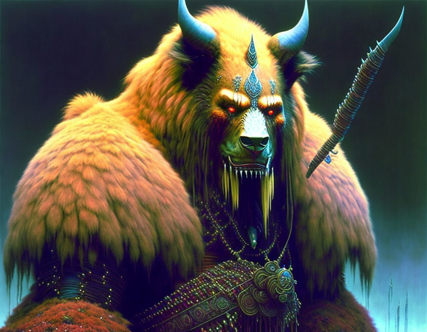 Fantastical creature with fur, horns, glowing eyes, tribal jewelry, and spear in misty